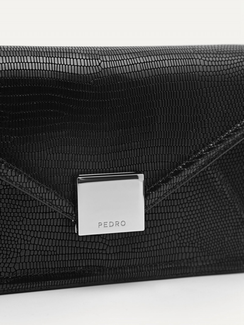 Black Women's Pedro Lizard-Effect Leather Envelope Travel Organizer Wallet | YWKPNR-745