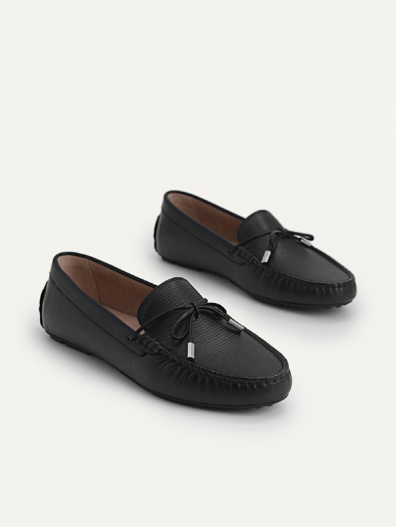 Black Women's Pedro Lizard-effect Leather Bow Moccasins | VMTXWB-724