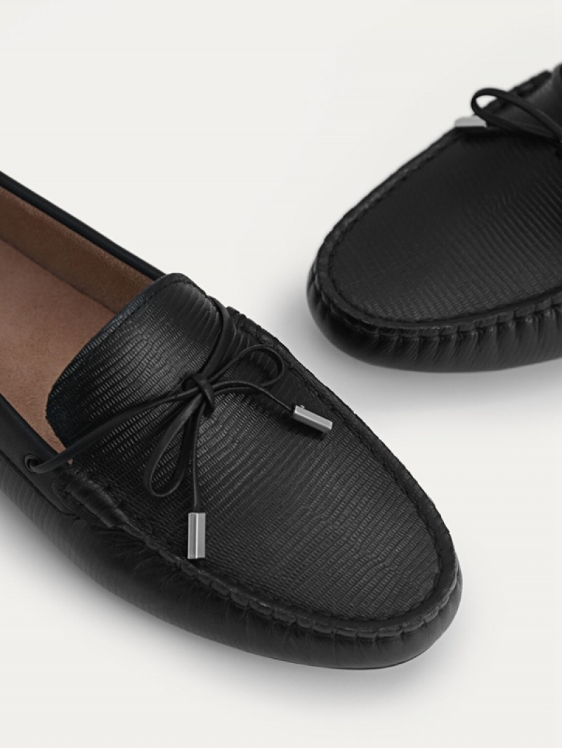 Black Women's Pedro Lizard-effect Leather Bow Moccasins | VMTXWB-724