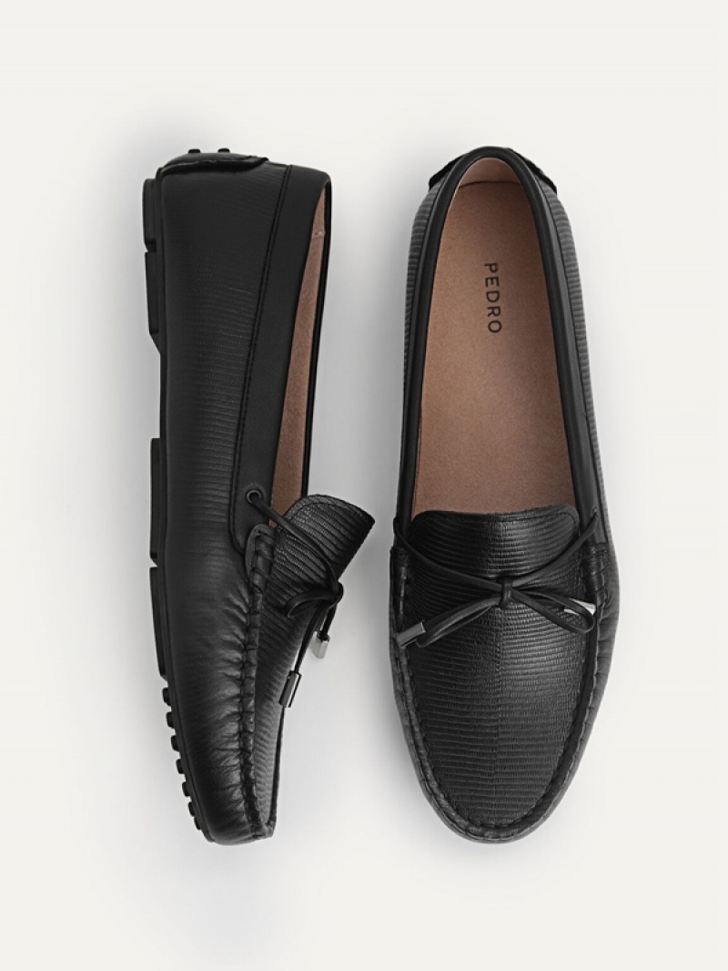 Black Women's Pedro Lizard-effect Leather Bow Moccasins | VMTXWB-724