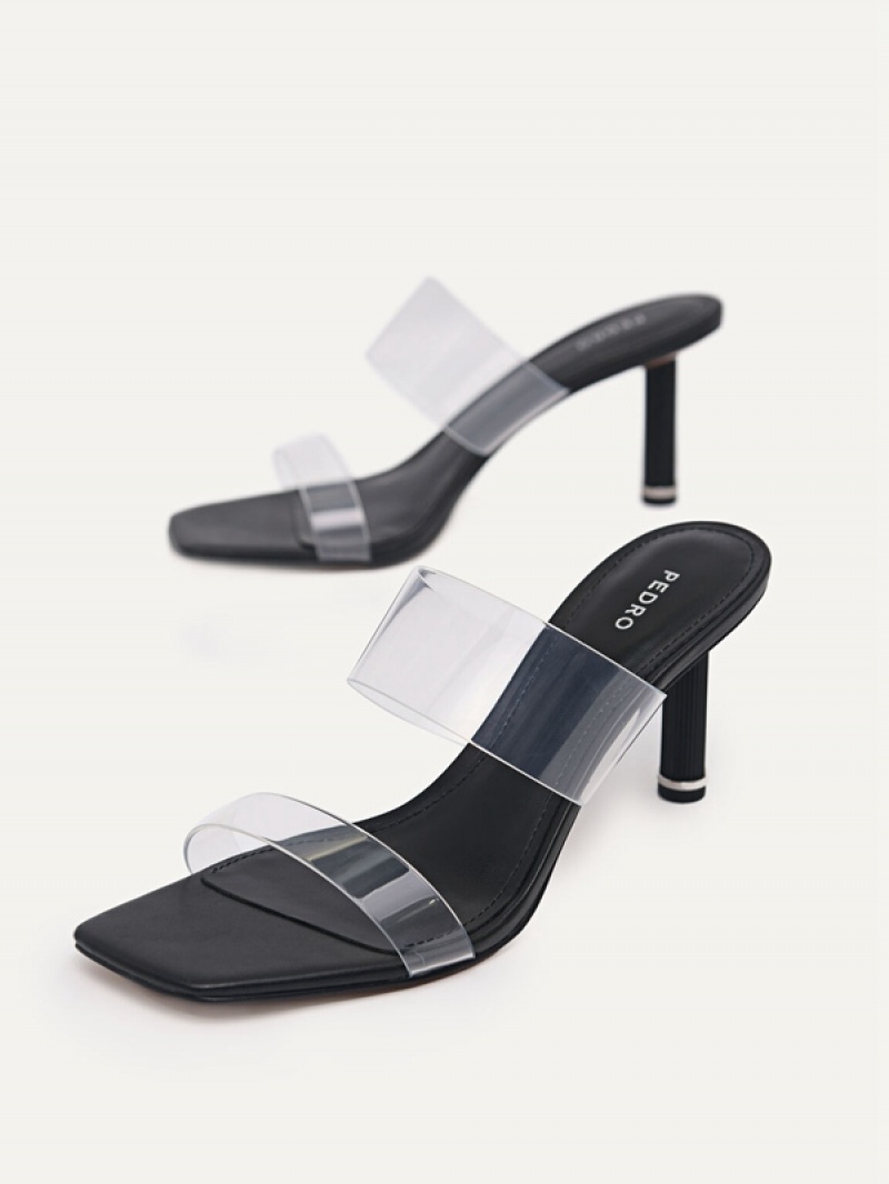 Black Women's Pedro Vinyl Double Strap Heels Sandals | SPHRCF-893