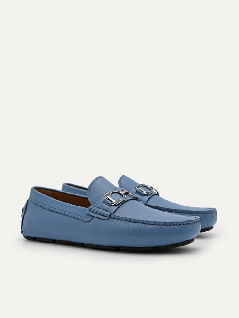 Blue Men's Pedro Antonio Leather Moccasins | JXBWMU-697