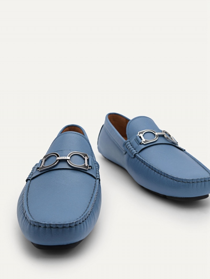 Blue Men's Pedro Antonio Leather Moccasins | JXBWMU-697