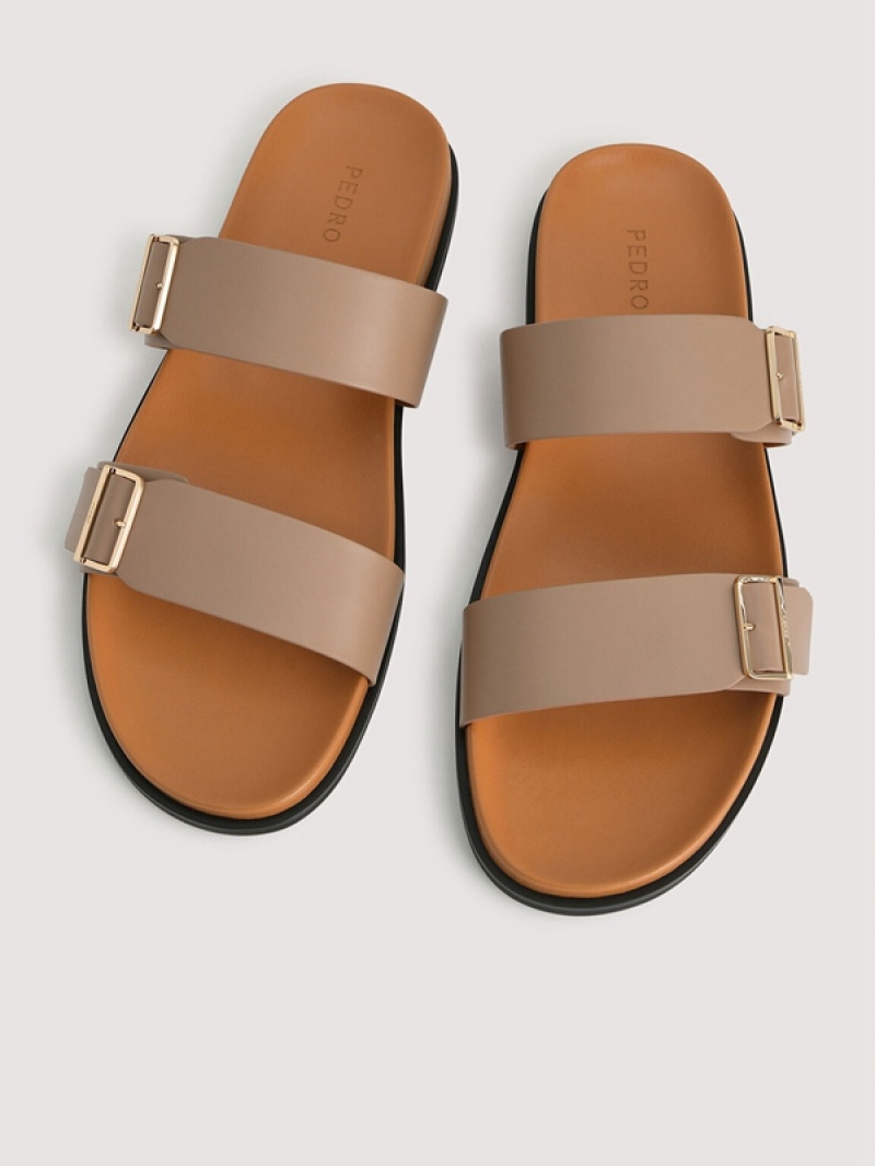 Brown Men's Pedro Double Band Slides | URNZDC-581