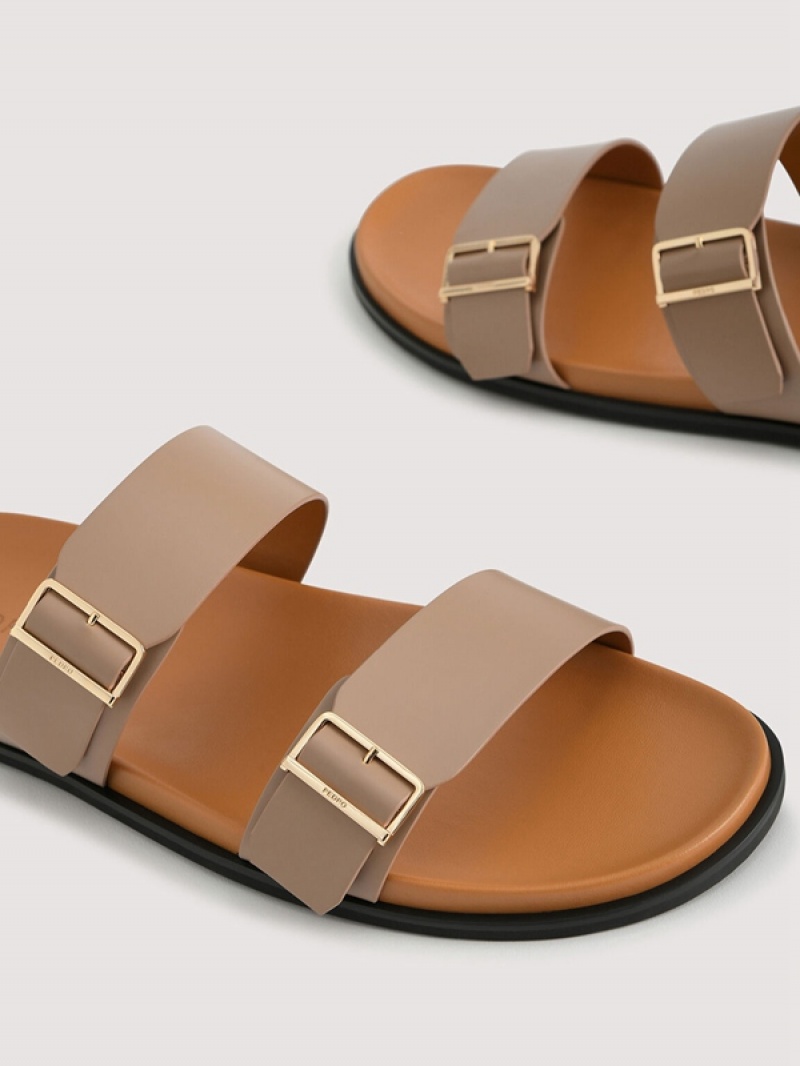 Brown Men's Pedro Double Band Slides | URNZDC-581