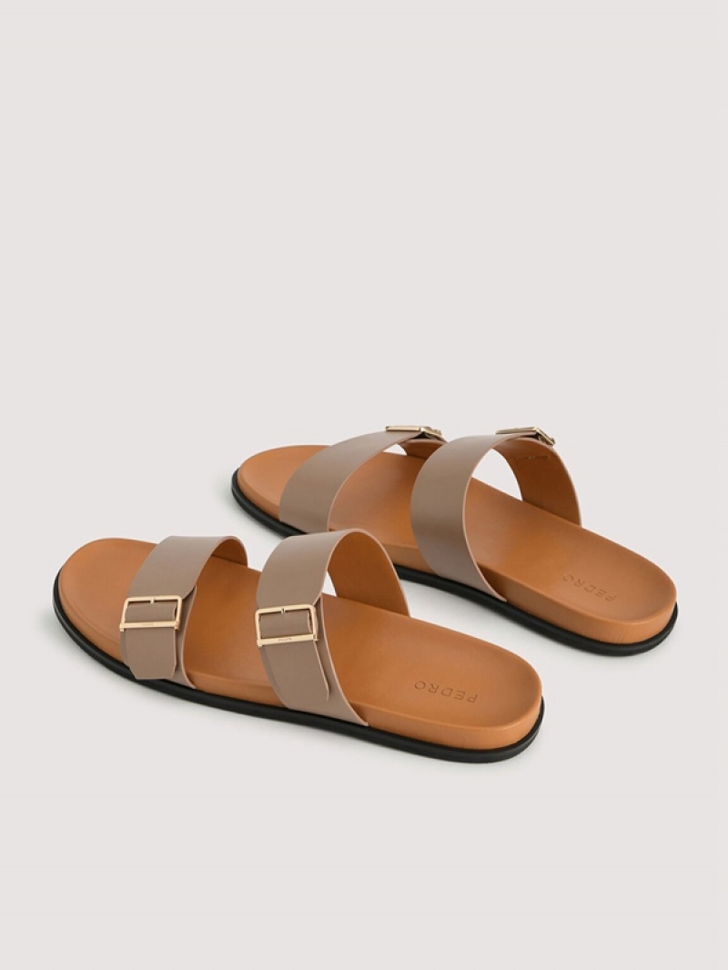 Brown Men's Pedro Double Band Slides | URNZDC-581