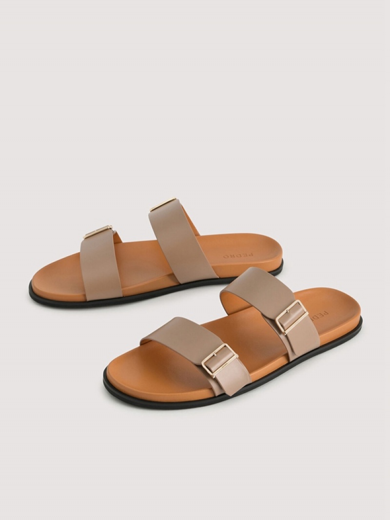 Brown Men's Pedro Double Band Slides | URNZDC-581