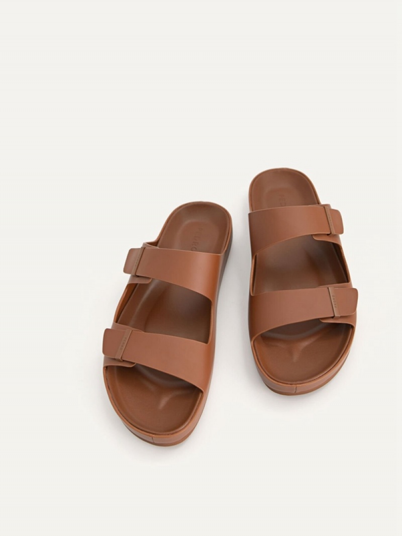 Brown Men's Pedro Double Strap Slides | OUMNYA-980