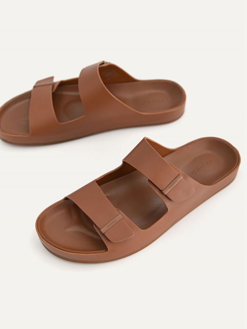 Brown Men's Pedro Double Strap Slides | OUMNYA-980