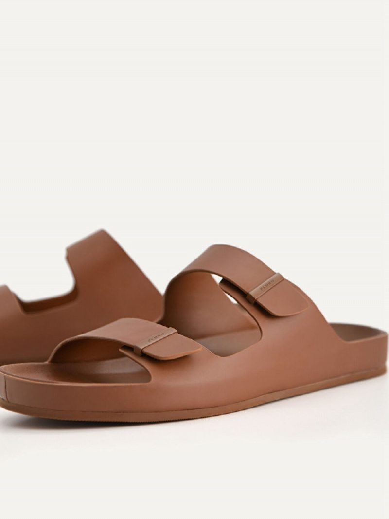 Brown Men's Pedro Double Strap Slides | OUMNYA-980