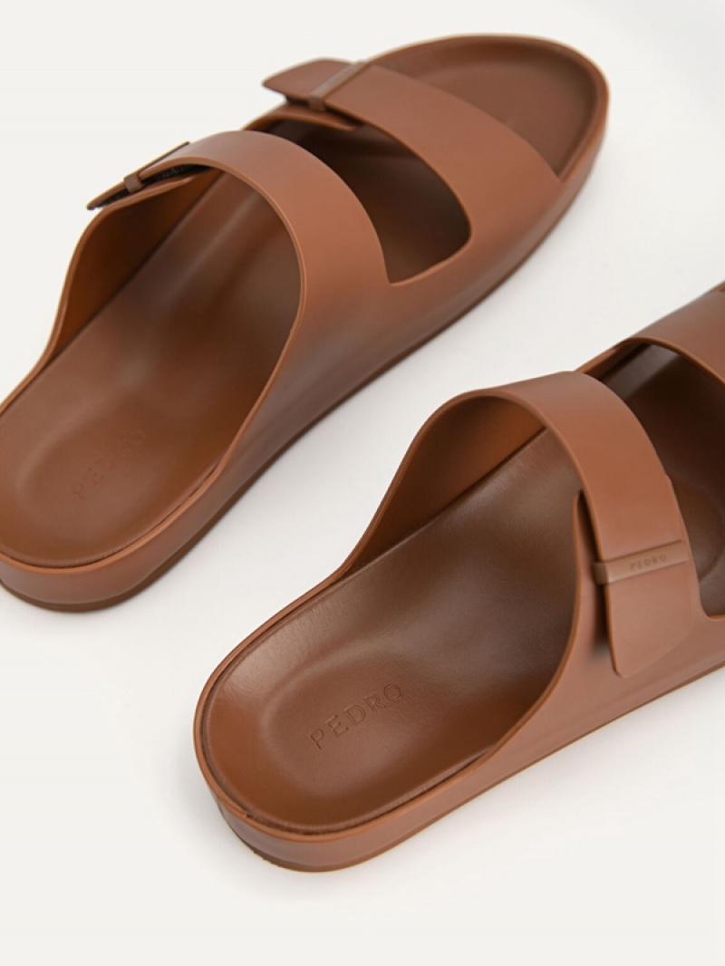 Brown Men's Pedro Double Strap Slides | OUMNYA-980