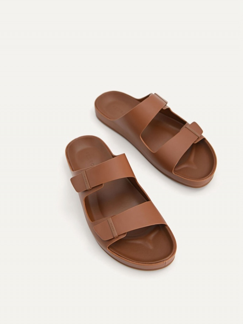 Brown Men's Pedro Double Strap Slides | OUMNYA-980