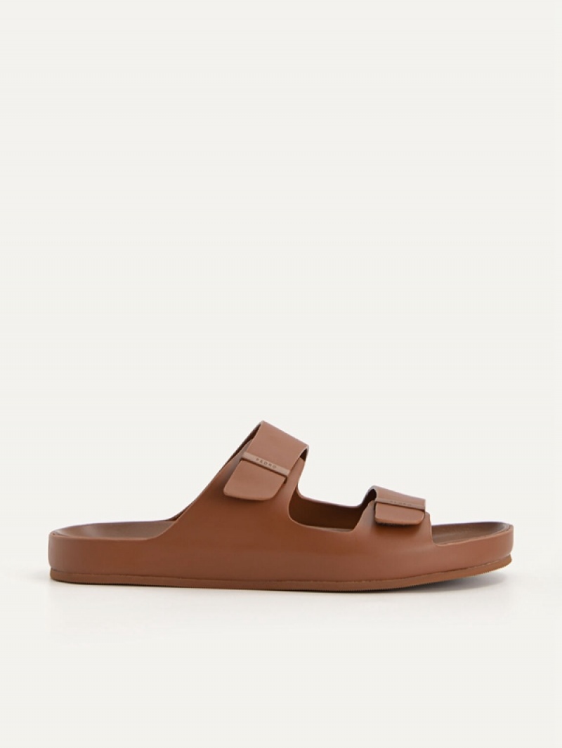 Brown Men\'s Pedro Double Strap Slides | OUMNYA-980