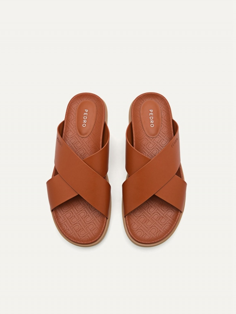 Brown Men's Pedro Icon Cross Strap Sandals | NWTKXV-796