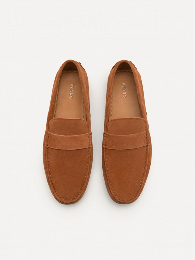 Brown Men's Pedro Leather Band Moccasins | JHSYUL-307