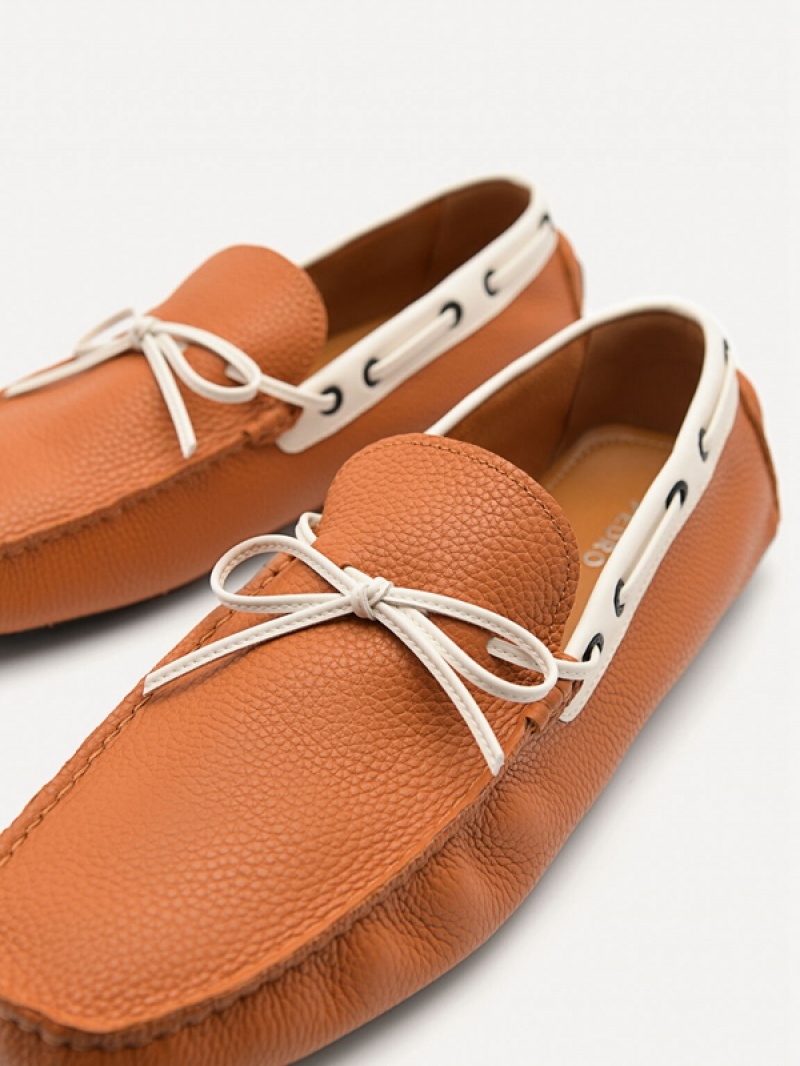 Brown Men's Pedro Leather Bow Moccasins | BDFWLY-704