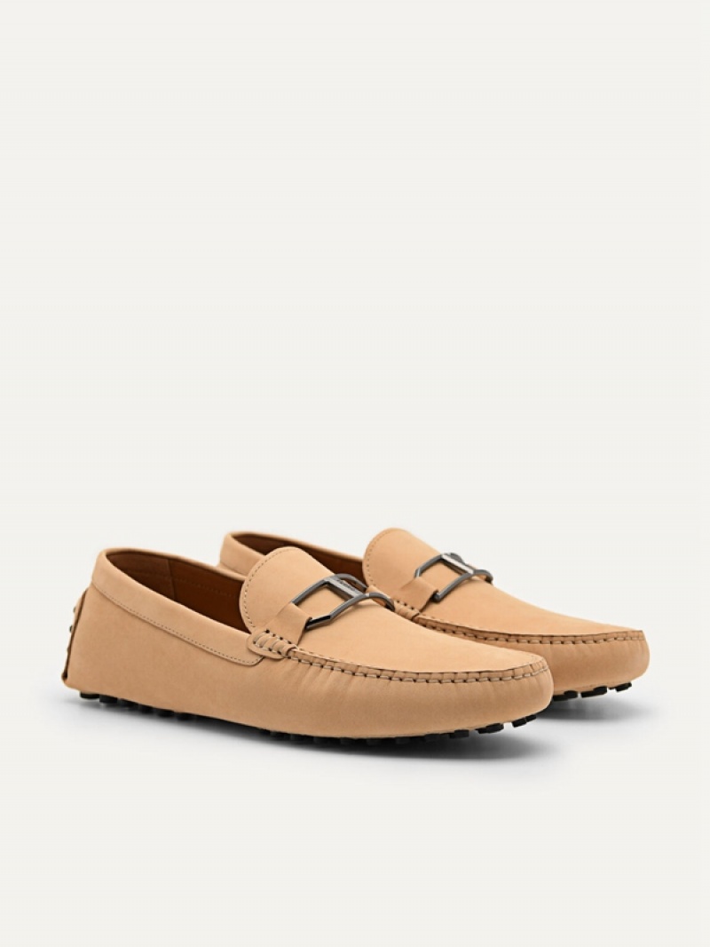 Brown Men's Pedro Leather Buckle Moccasins | ALHNBY-175