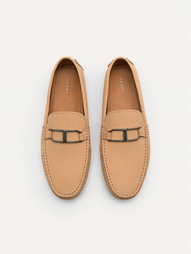 Brown Men's Pedro Leather Buckle Moccasins | ALHNBY-175