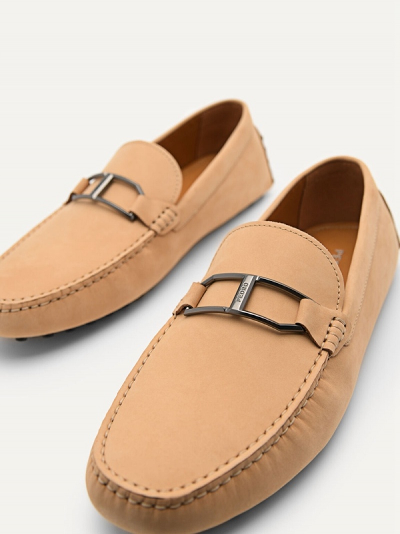 Brown Men's Pedro Leather Buckle Moccasins | ALHNBY-175