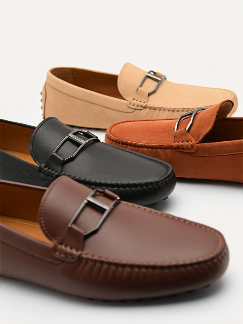 Brown Men's Pedro Leather Buckle Moccasins | ALHNBY-175