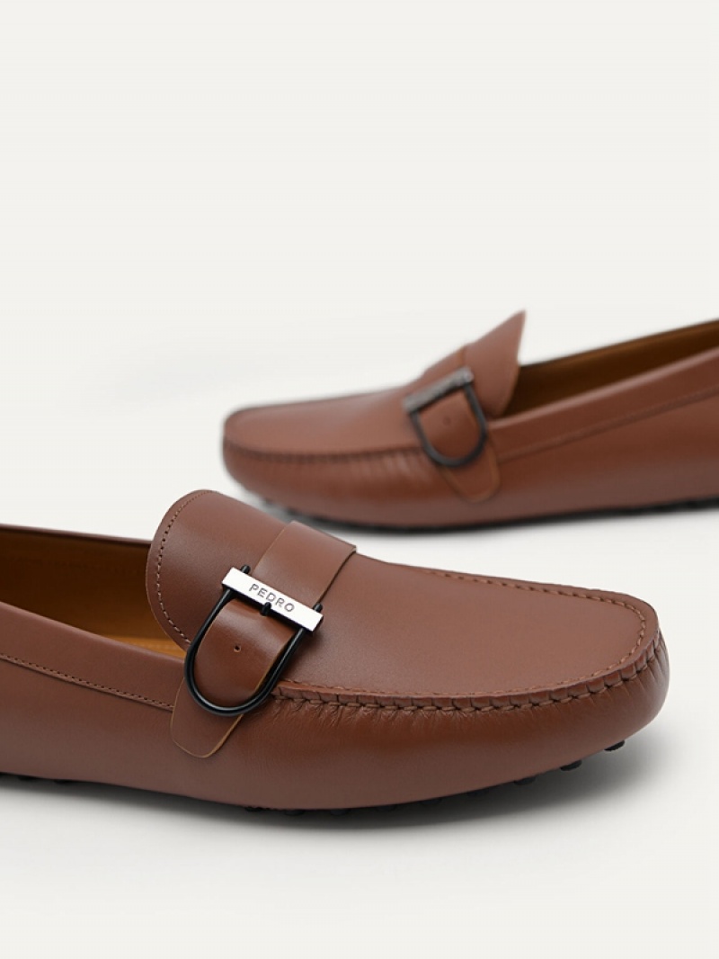 Brown Men's Pedro Leather Driving with Adjustable Strap Moccasins | XAITUR-568