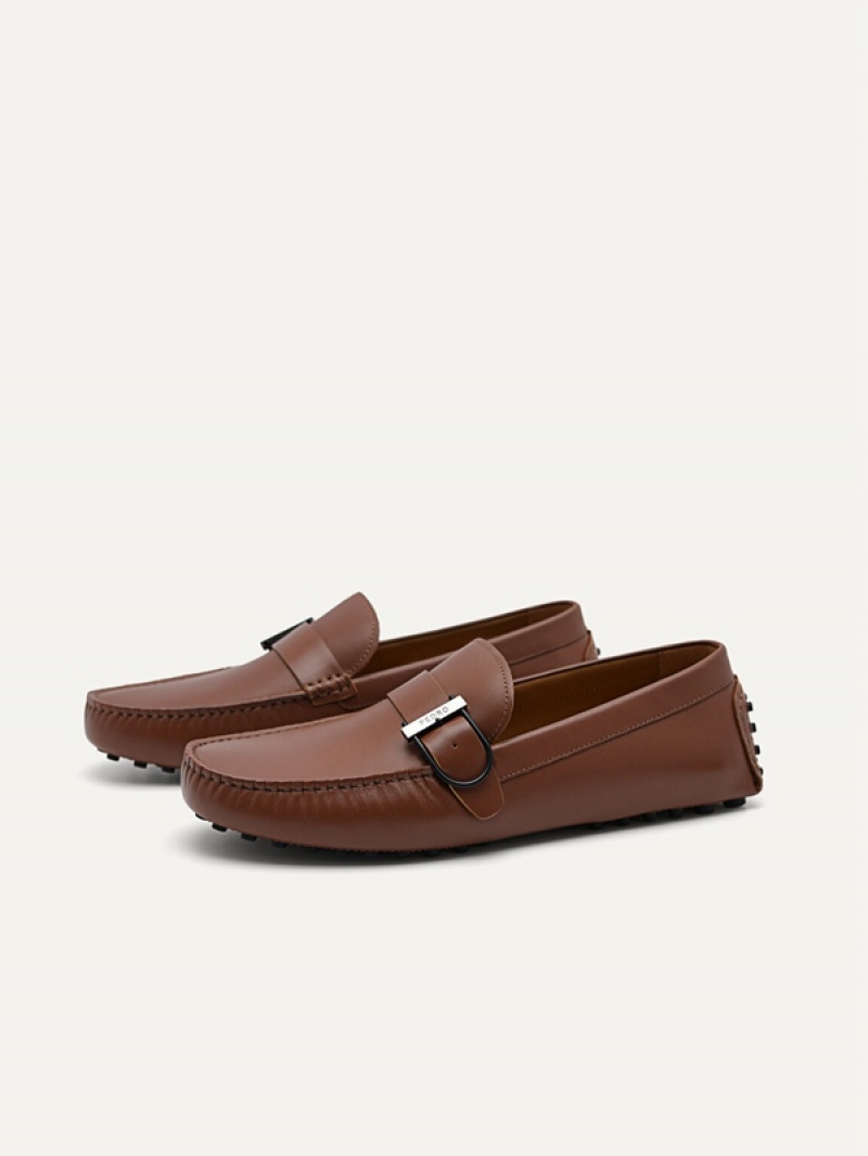 Brown Men's Pedro Leather Driving with Adjustable Strap Moccasins | XAITUR-568