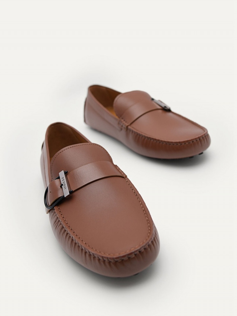 Brown Men's Pedro Leather Driving with Adjustable Strap Moccasins | XAITUR-568