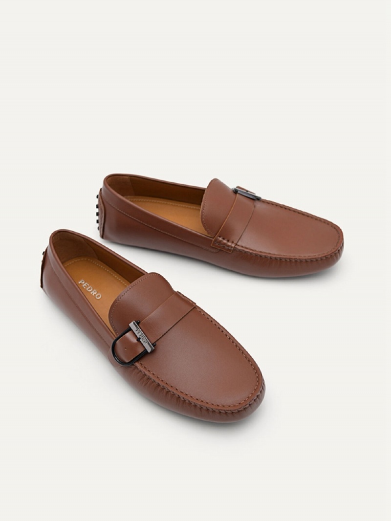 Brown Men's Pedro Leather Driving with Adjustable Strap Moccasins | XAITUR-568