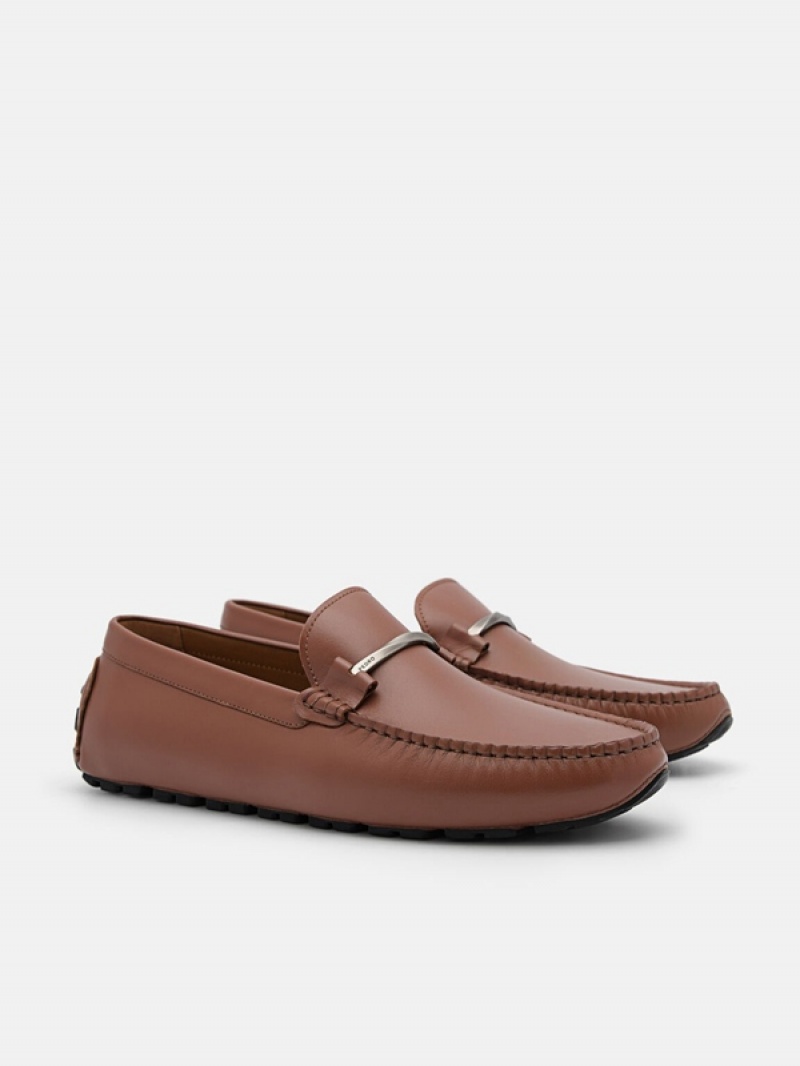 Brown Men's Pedro Leather Horsebit Moccasins | PXZOKA-461