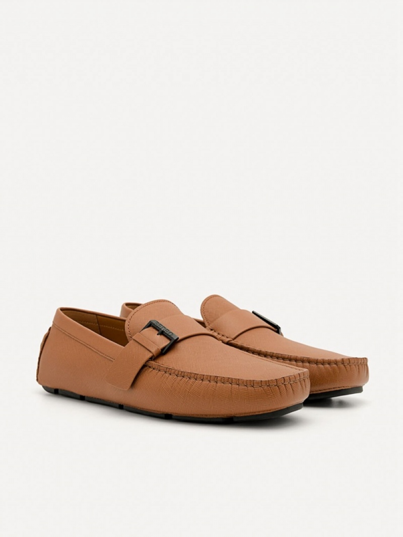 Brown Men's Pedro Leather Strap Moccasins | QWYZGR-057