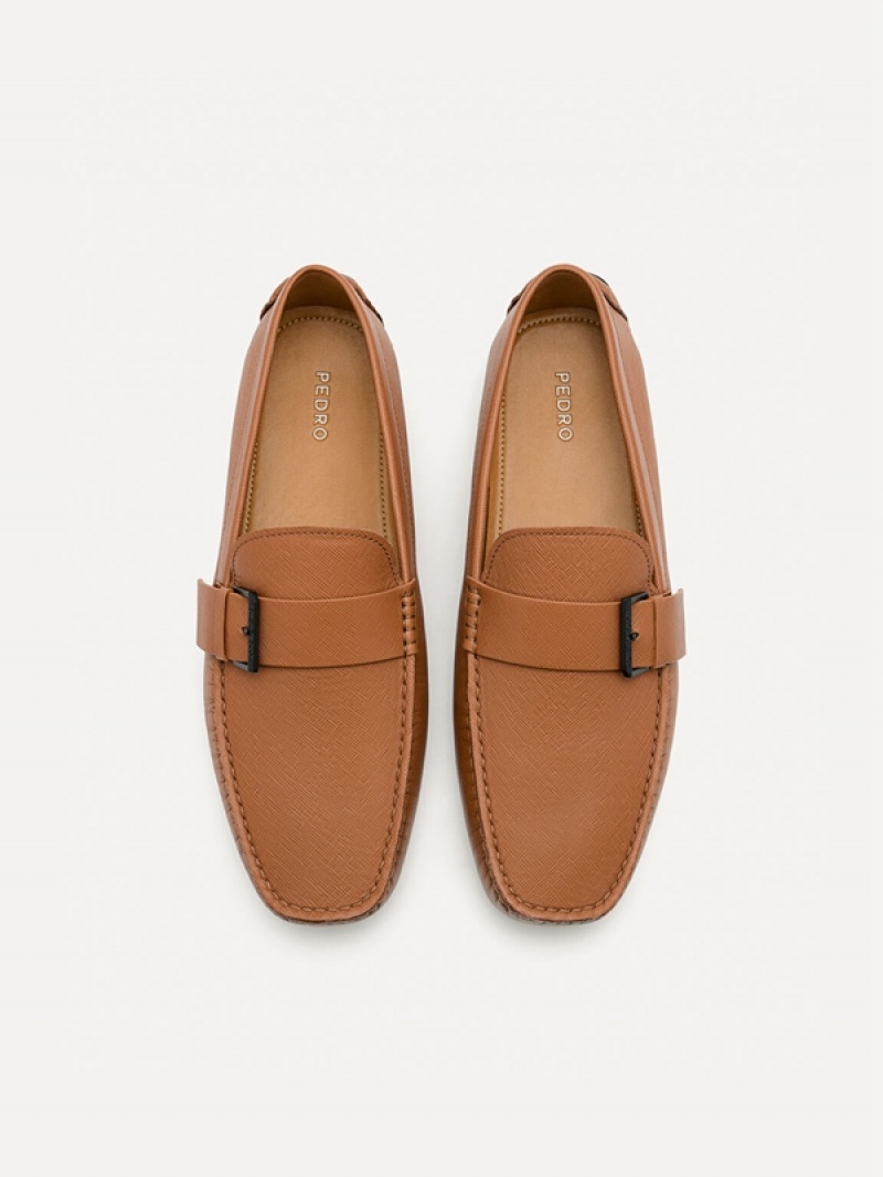 Brown Men's Pedro Leather Strap Moccasins | QWYZGR-057