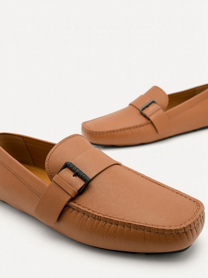 Brown Men's Pedro Leather Strap Moccasins | QWYZGR-057