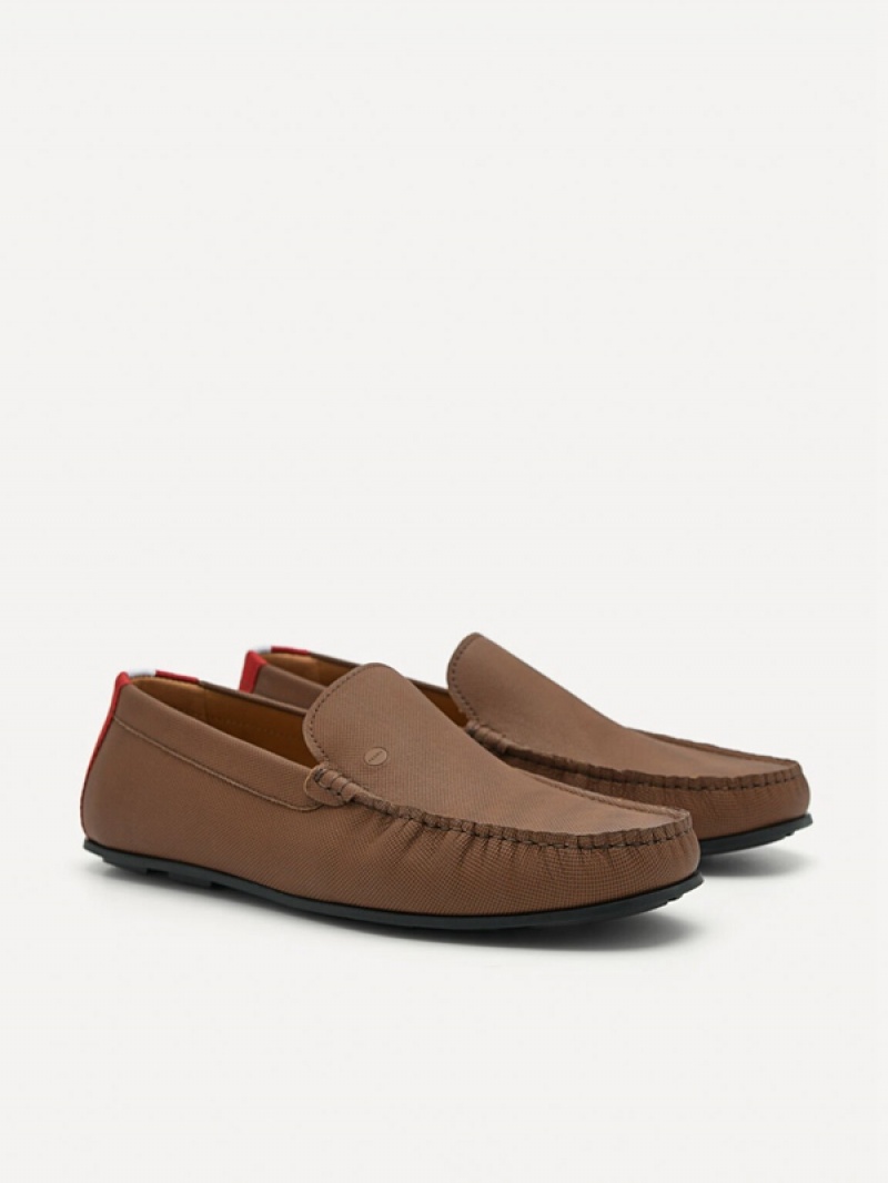 Brown Men's Pedro Leather & Fabric Slip-On Moccasins | GDJAHQ-251