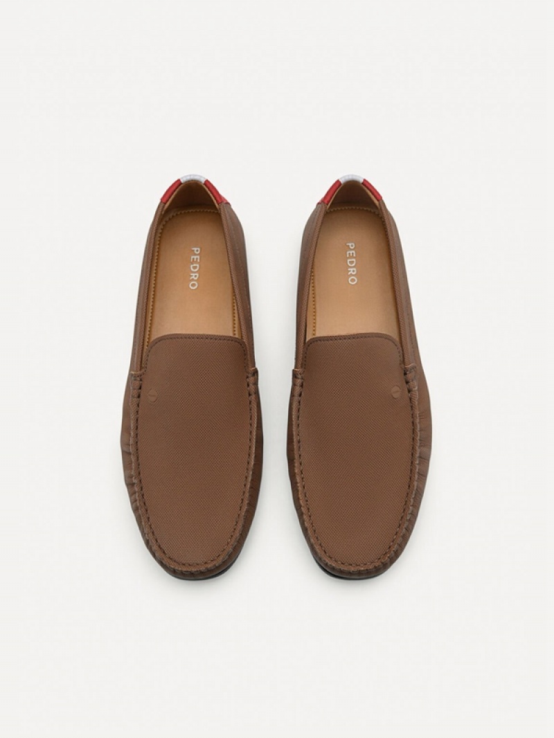 Brown Men's Pedro Leather & Fabric Slip-On Moccasins | GDJAHQ-251