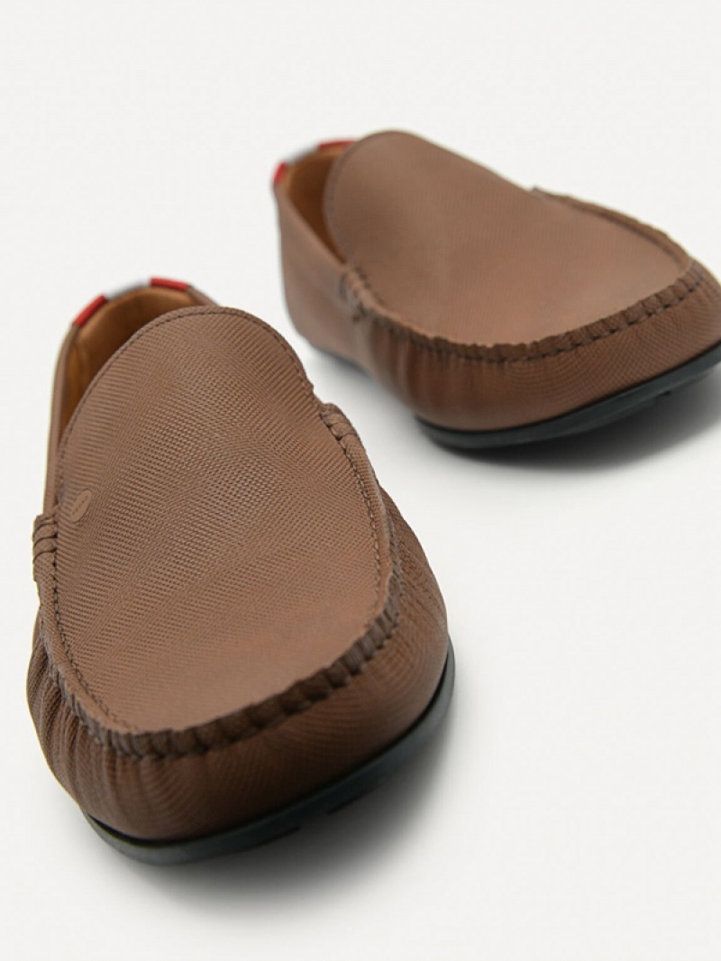 Brown Men's Pedro Leather & Fabric Slip-On Moccasins | GDJAHQ-251