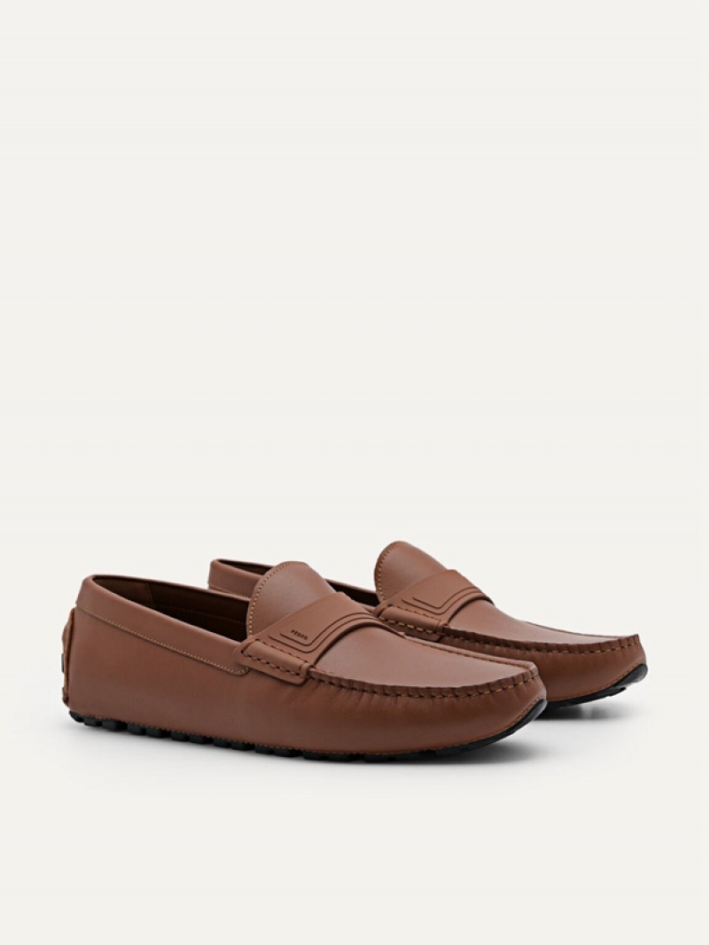 Brown Men's Pedro Pascal Leather Moccasins | PGQAUZ-486