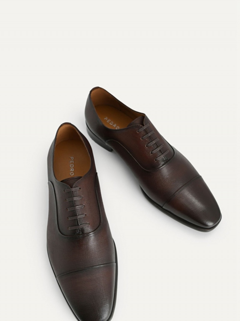 Brown Men's Pedro Textured Leather Oxford Shoes | WUYAZX-014