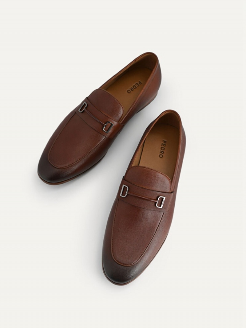 Brown Men's Pedro Textured Leather with Metal Bit Loafers | KOZSVR-907