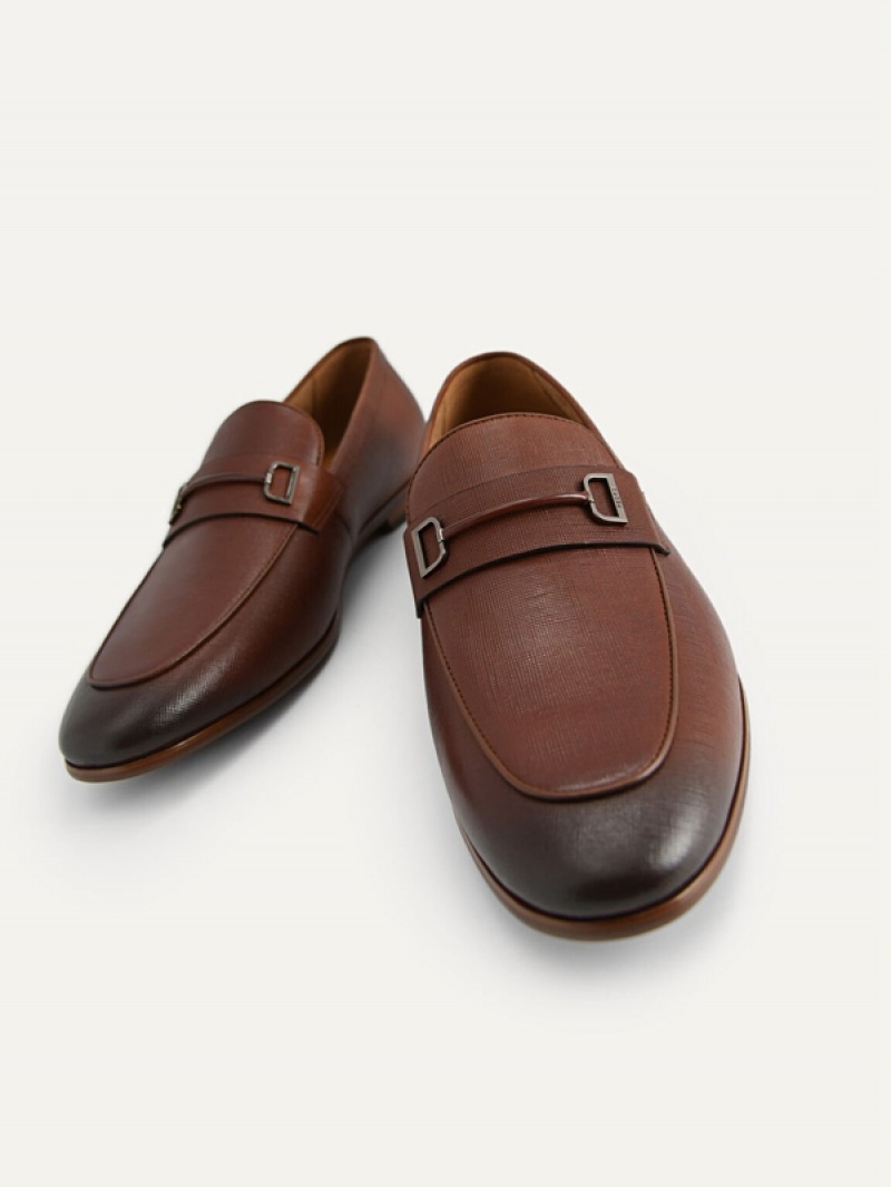 Brown Men's Pedro Textured Leather with Metal Bit Loafers | KOZSVR-907