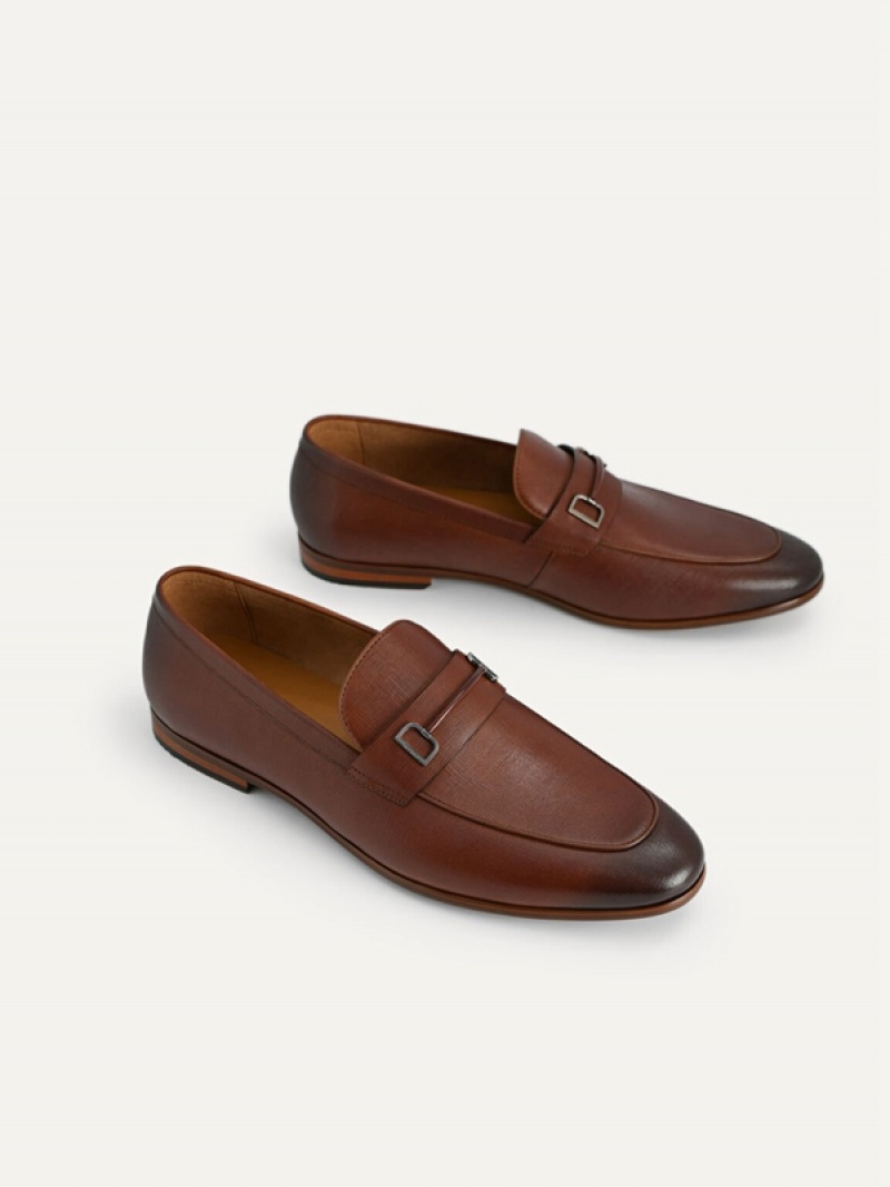 Brown Men's Pedro Textured Leather with Metal Bit Loafers | KOZSVR-907