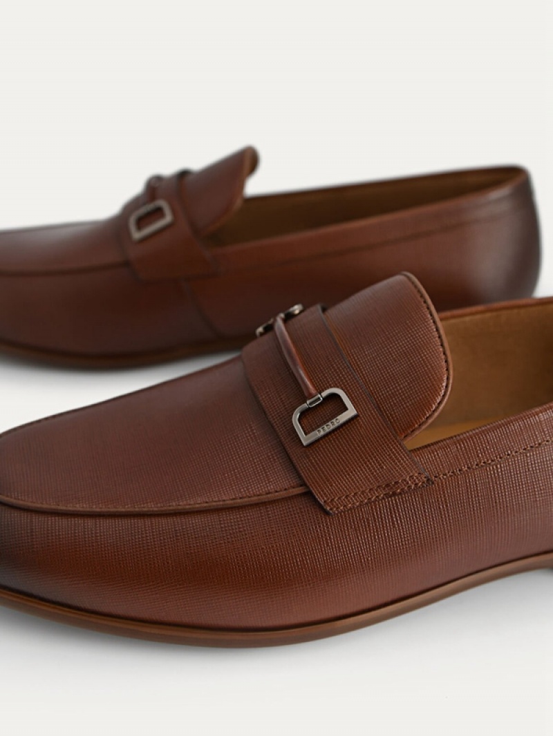 Brown Men's Pedro Textured Leather with Metal Bit Loafers | KOZSVR-907