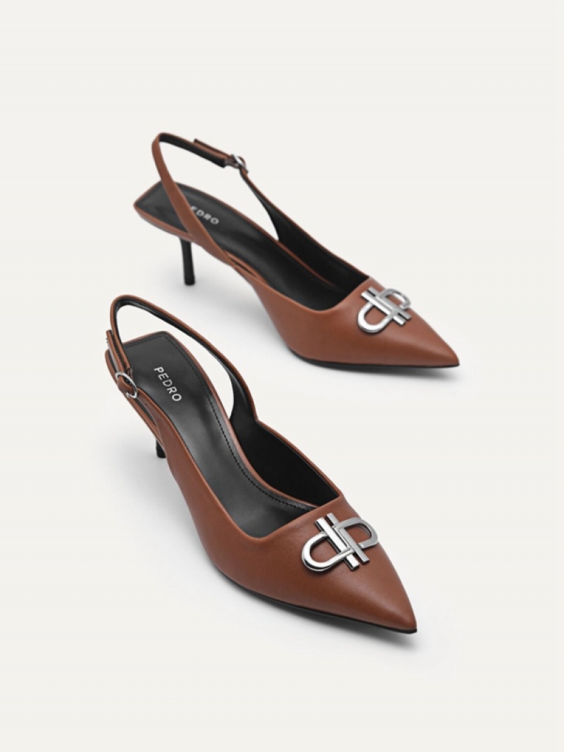 Brown Women's Pedro Icon Leather Pointed Slingback Pumps | MJBGQS-375