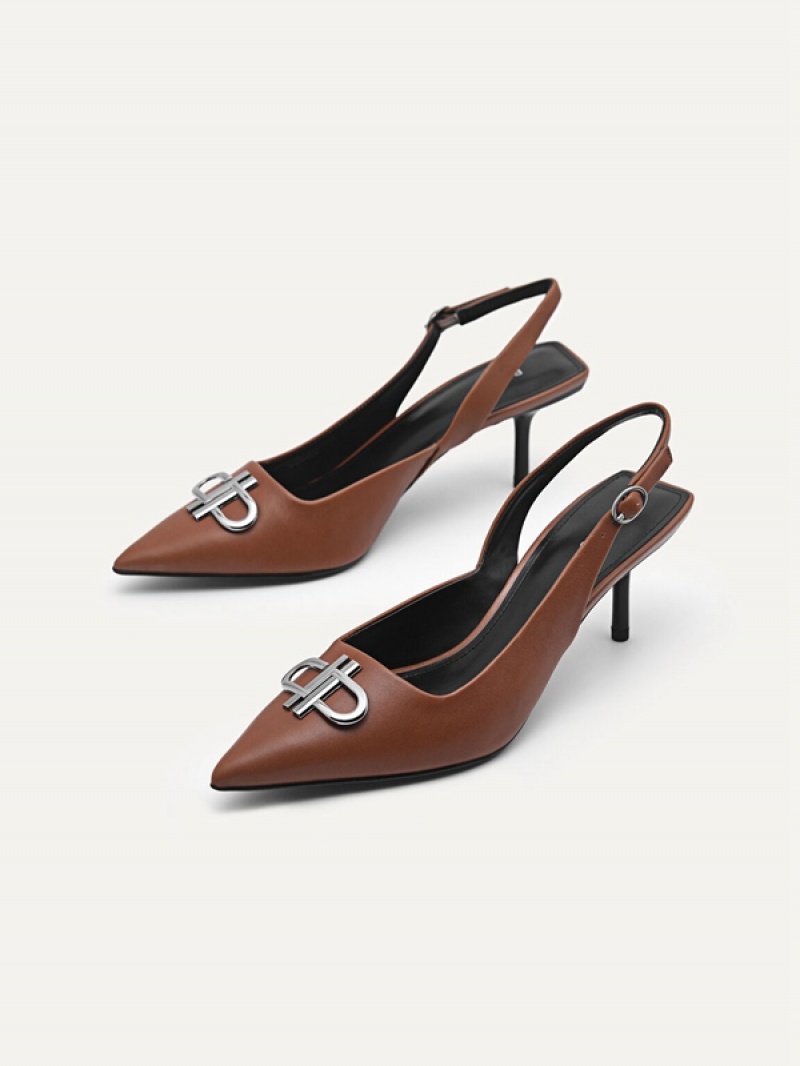 Brown Women's Pedro Icon Leather Pointed Slingback Pumps | MJBGQS-375