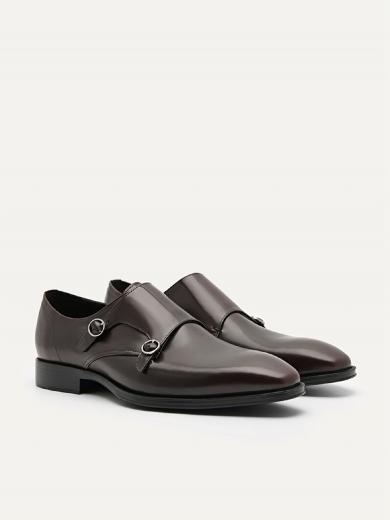 Burgundy Men's Pedro Holly Leather Double Monkstrap Derby Shoes | IHXLTS-078