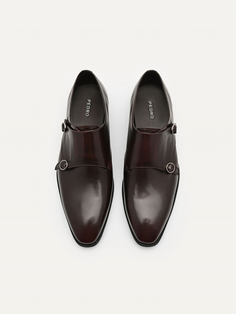 Burgundy Men's Pedro Holly Leather Double Monkstrap Derby Shoes | IHXLTS-078