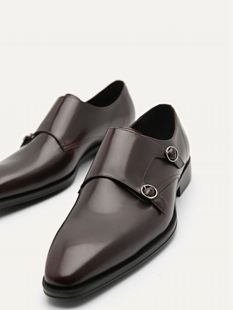 Burgundy Men's Pedro Holly Leather Double Monkstrap Derby Shoes | IHXLTS-078