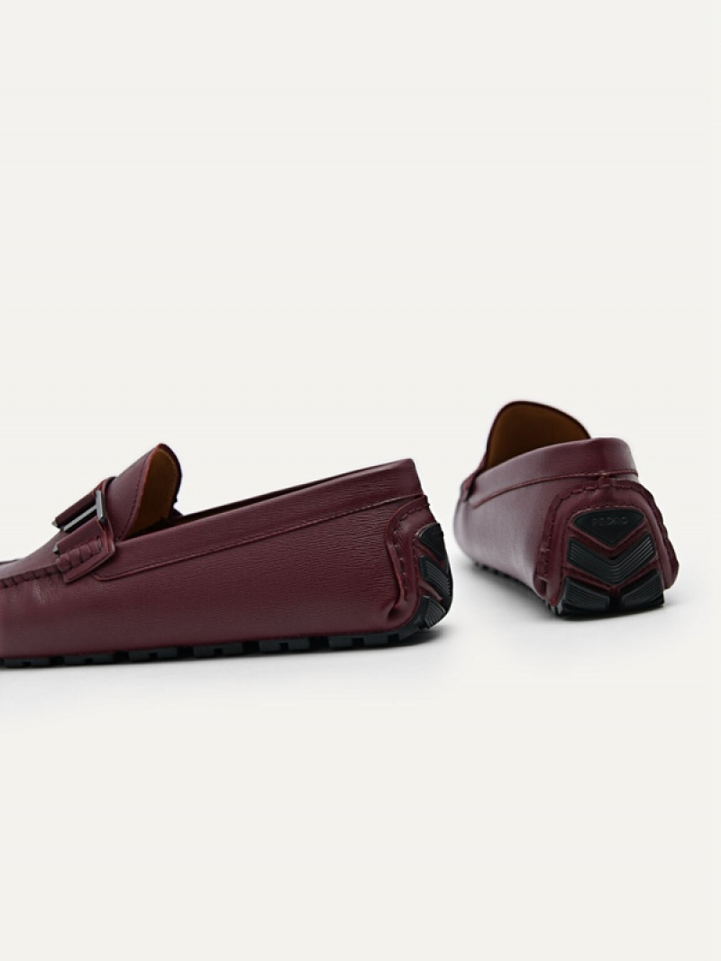 Burgundy Men's Pedro Leather Driving Moccasins | QRFXME-531