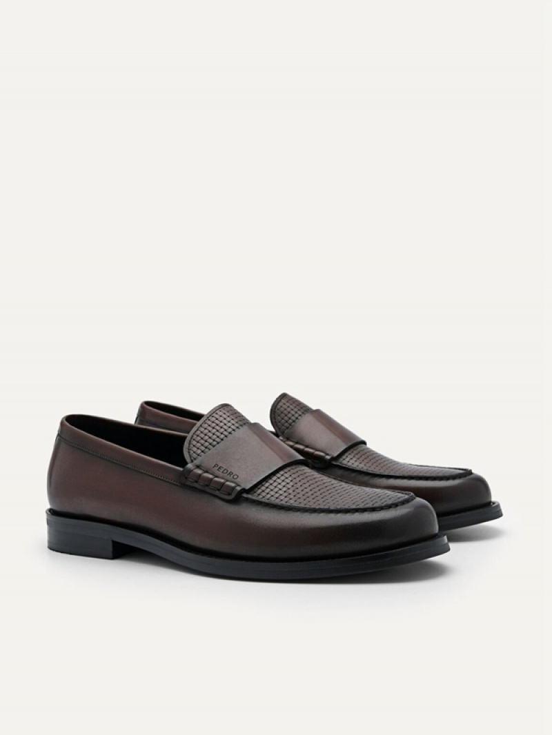 Dark Brown Men's Pedro Leather Penny Loafers | AGUHSD-328