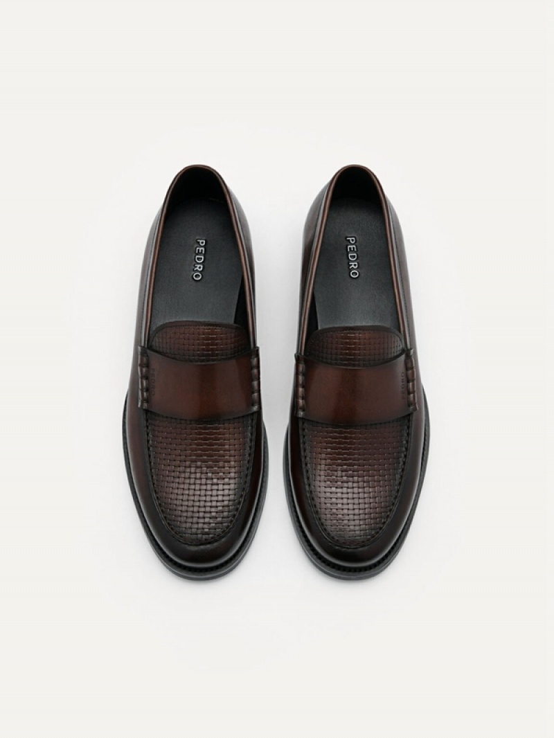 Dark Brown Men's Pedro Leather Penny Loafers | AGUHSD-328