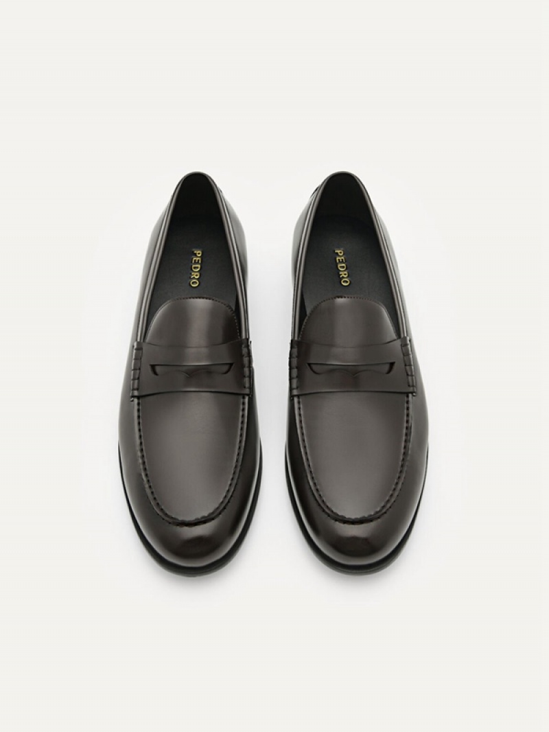 Dark Brown Men's Pedro Leather Penny Loafers | XVRLIC-796